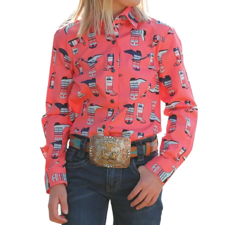 Durable Men's Work ShirtsGirls Western Print Shirt In Coral