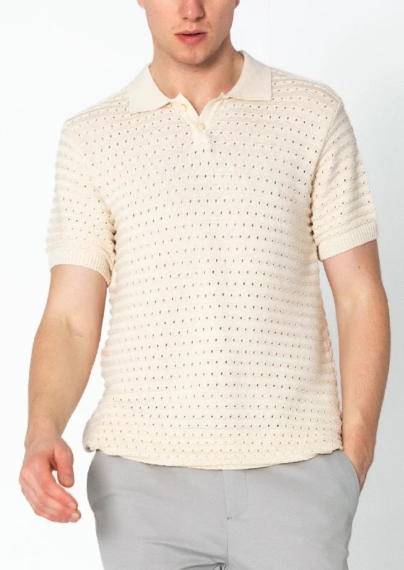 Men's Shirts with Wrinkle-Resistant FabricEyelet Short Sleeve Polo Tee - Beige