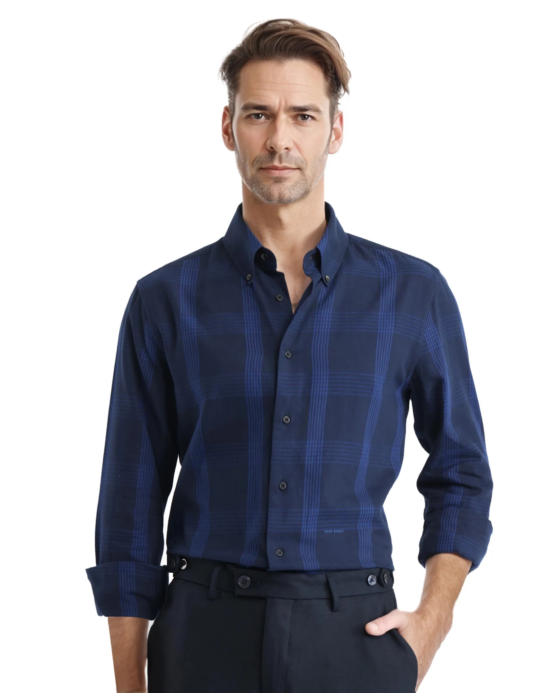 Men's Geometric Print Shirts for a Modern TwistRare Rabbit Men's Magone Navy Cotton Fabric Full Sleeve Collared Neck Checks Shirt Men's Geometric Print Shirts for a Modern TwistRare Rabbit Men's Magone Navy Cotton Fabric Full Sleeve Collared Neck Checks Shirt