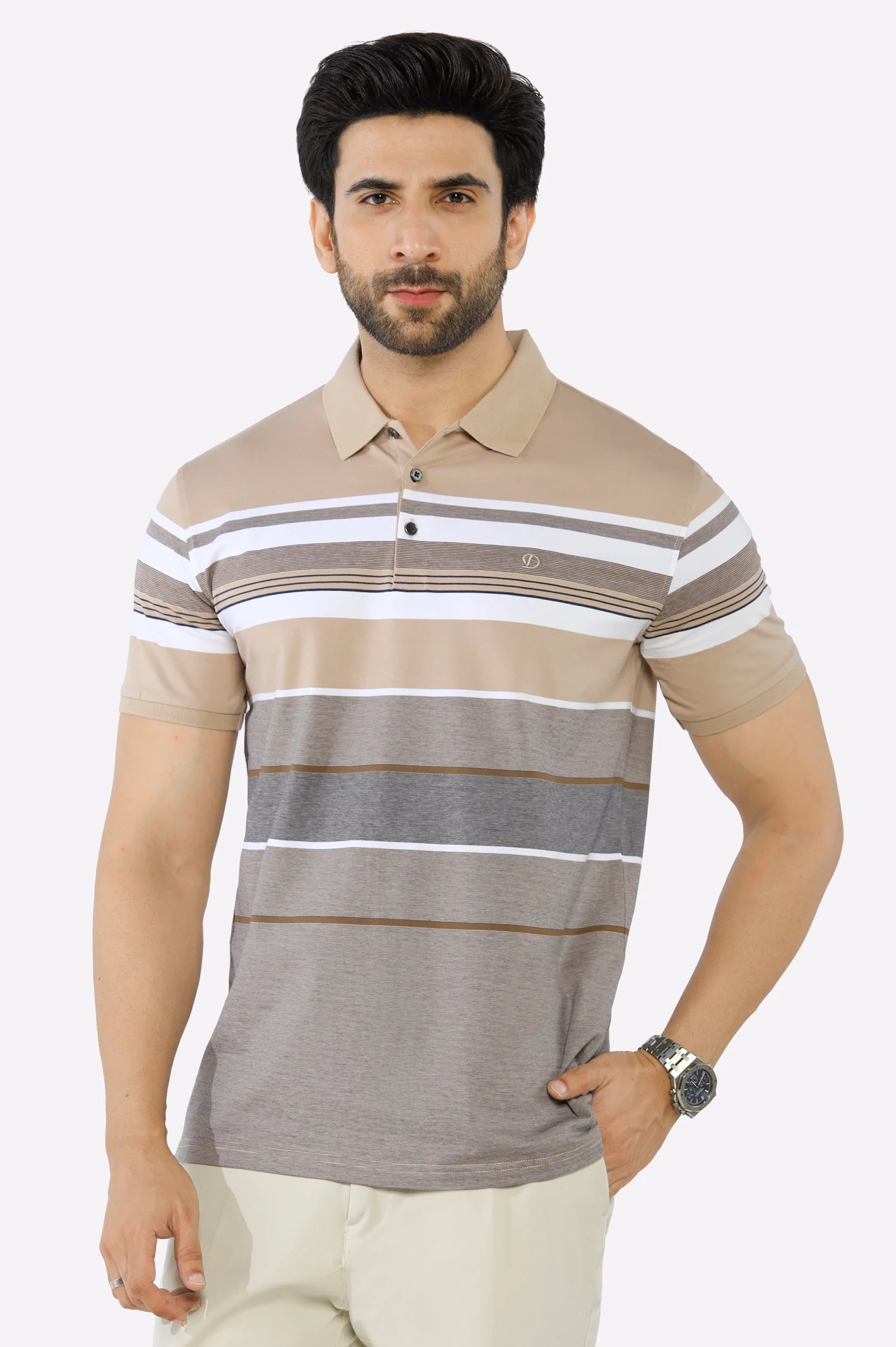 Men's Shirts with High NecksBeige Yarn Dyed Polo