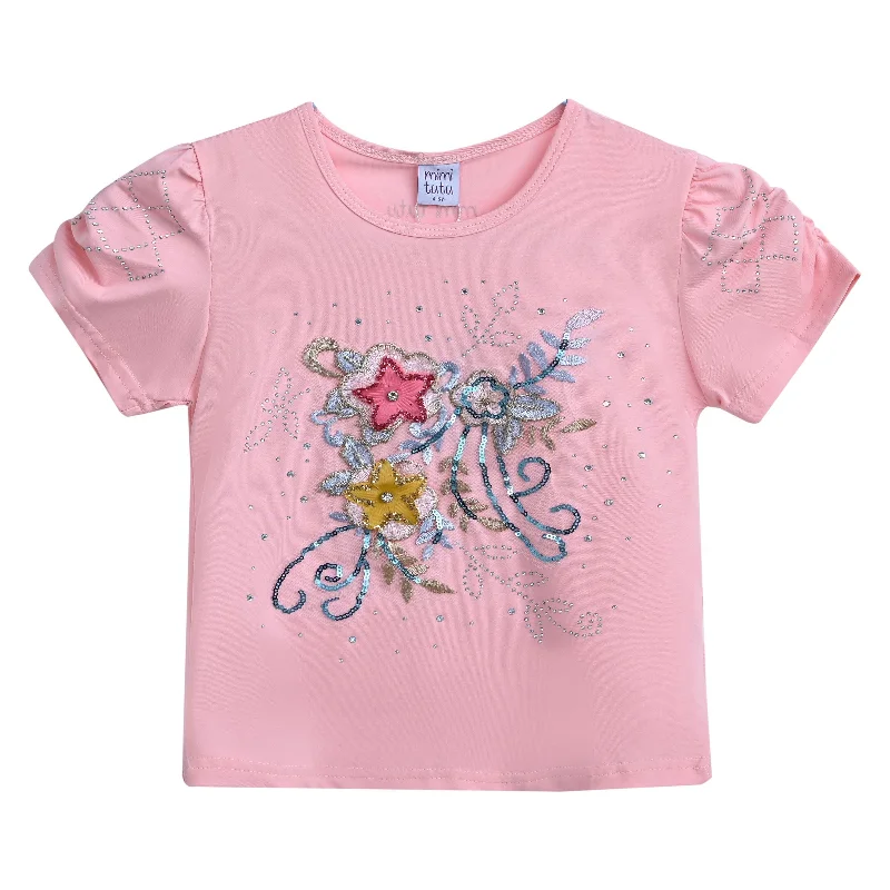 Men's Sweaters with Tapered ShapesPink Flowers Applique T-Shirt