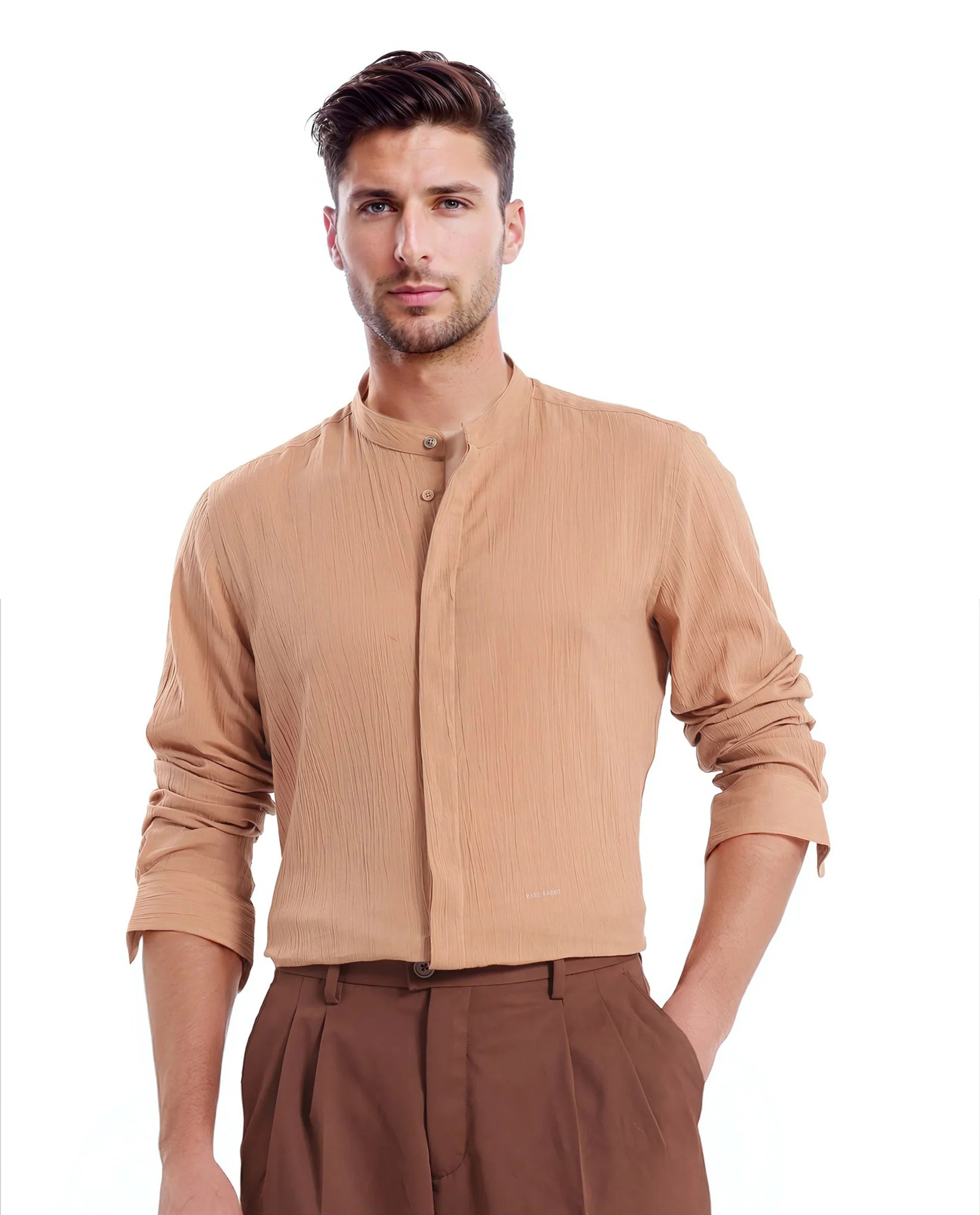 Layered Men's Henley ShirtsRare Rabbit Men Crinkle-25 Dusky Brown Cotton Fabric Full Sleeve Mandarin Collar Button Closure Plain Shirt Layered Men's Henley ShirtsRare Rabbit Men Crinkle-25 Dusky Brown Cotton Fabric Full Sleeve Mandarin Collar Button Closure Plain Shirt