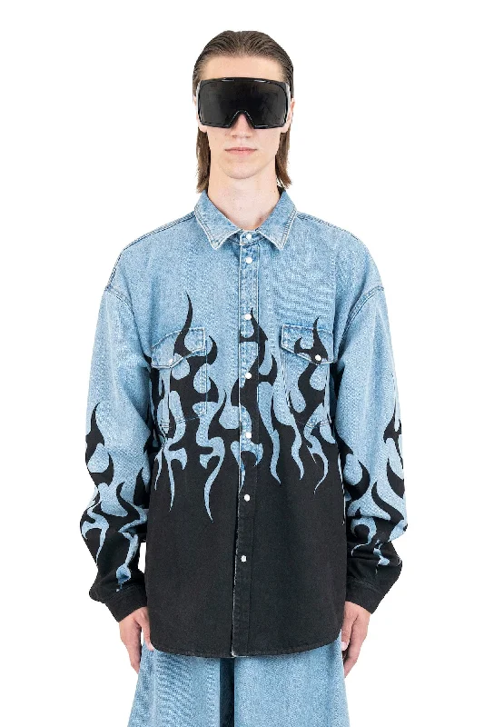 Winter-Ready Men's CoatsVetements Flame Print Denim Shirt in Light Blue