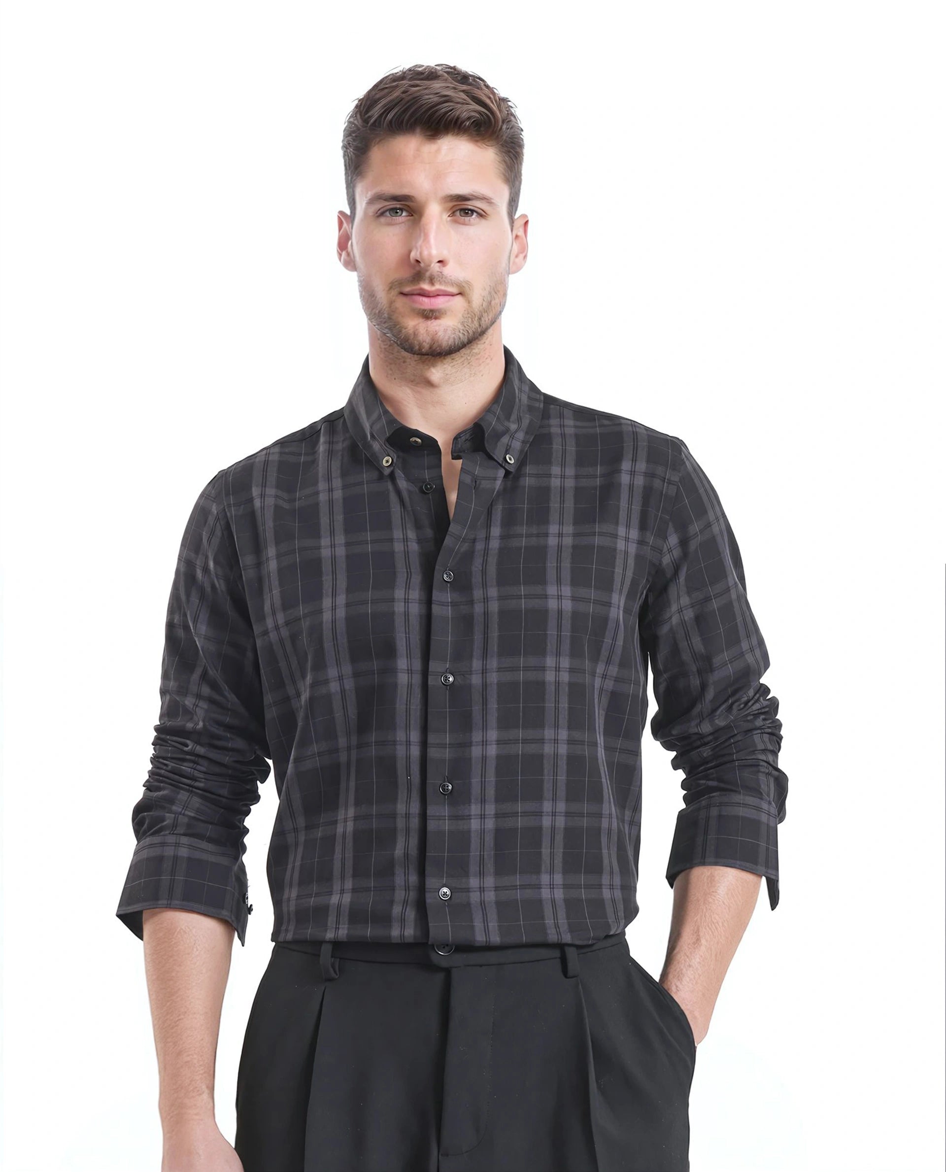 Lightweight Men's Poplin ShirtsRare Rabbit Men's Pambi Dark Black Cotton Fabric Full Sleeve Collared Neck Checks Shirt Lightweight Men's Poplin ShirtsRare Rabbit Men's Pambi Dark Black Cotton Fabric Full Sleeve Collared Neck Checks Shirt