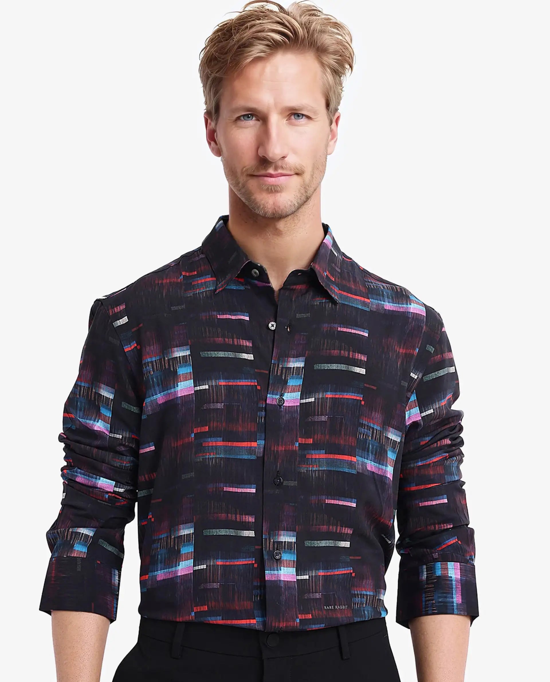 Men's Crew Neck T-Shirts for Everyday WearRare Rabbit Men Apon Black Viscose Fabric Full Sleeve Regular Fit Abstract Print Shirt Men's Crew Neck T-Shirts for Everyday WearRare Rabbit Men Apon Black Viscose Fabric Full Sleeve Regular Fit Abstract Print Shirt