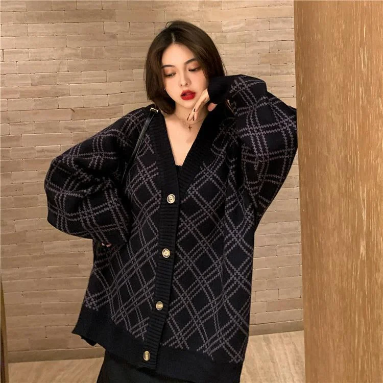 Men's Sweaters with Button-Up CollarsKittenAlarm - Loose Argyle Aesthetic Knitted Cardigan Sweater Men's Sweaters with Button-Up CollarsKittenAlarm - Loose Argyle Aesthetic Knitted Cardigan Sweater