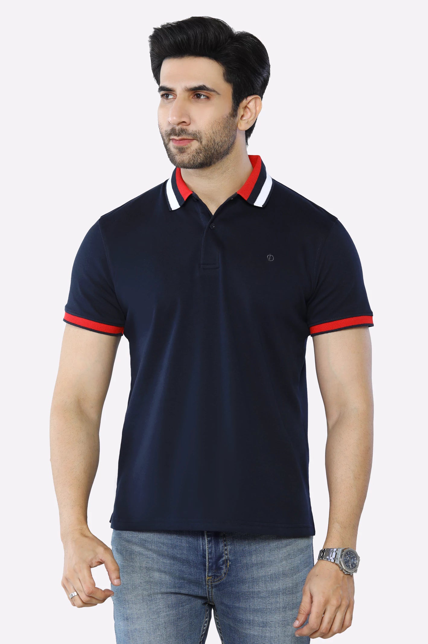 Men's Shirts with Belt AttachmentsNavy Blue Jacquard Collar Polo