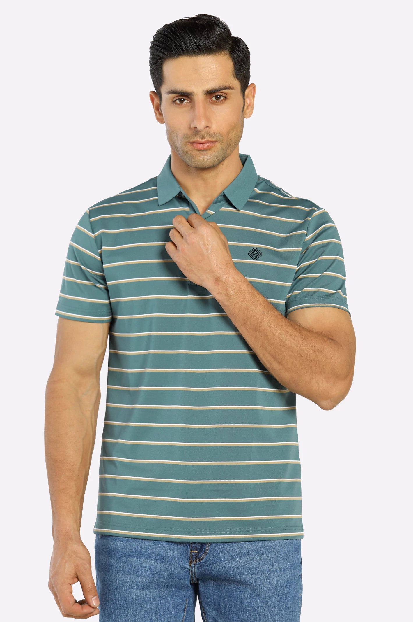 Men's Three-Quarter Sleeved TopsGreen Yarn Dyed Polo