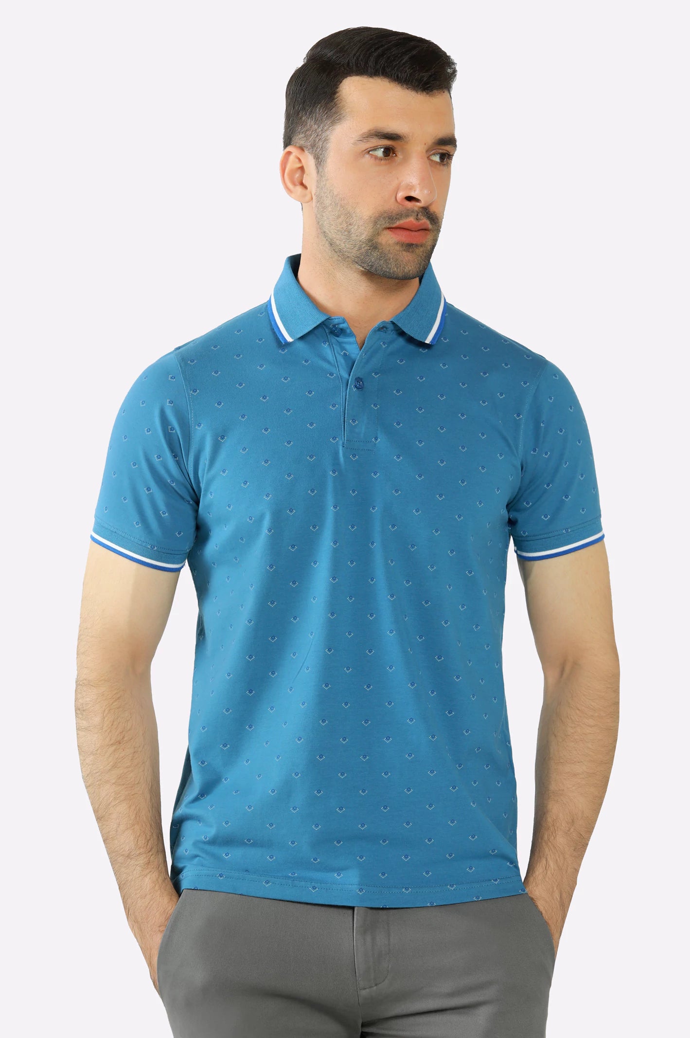 Men's Shirts with Embellished CollarsBlue All Over Printed Polo