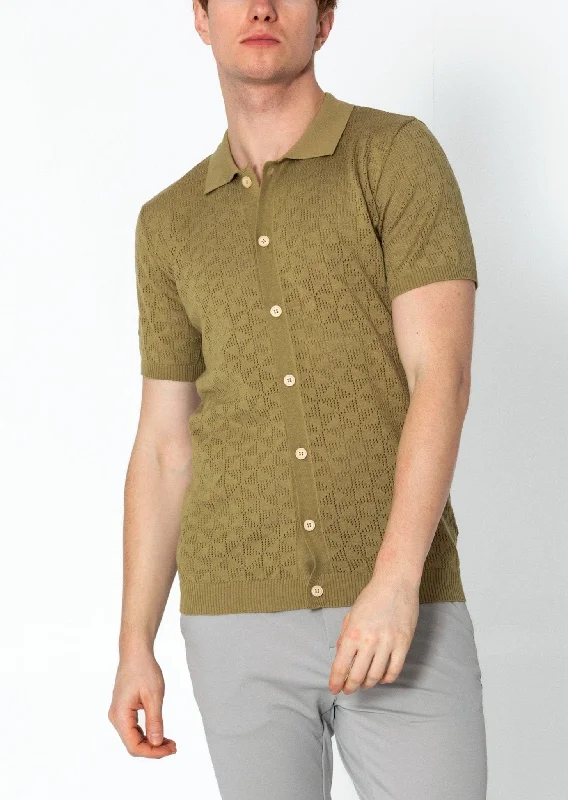 Men's Shirts with Antimicrobial TreatmentGeometric Crochet Knit Polo - Light Green