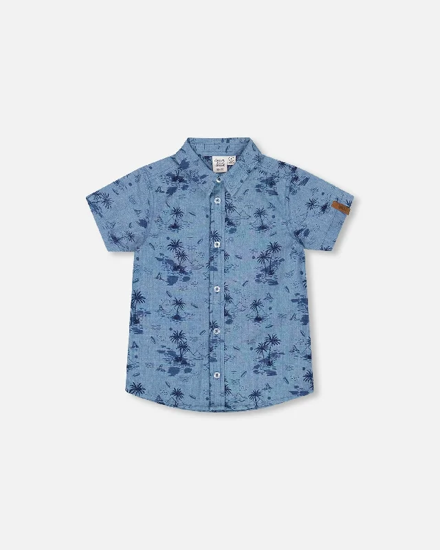 Men's Performance Shirts for Active LifestylesPrinted Chambray Short Sleeve Shirt Pale Blue And Navy Men's Performance Shirts for Active LifestylesPrinted Chambray Short Sleeve Shirt Pale Blue And Navy