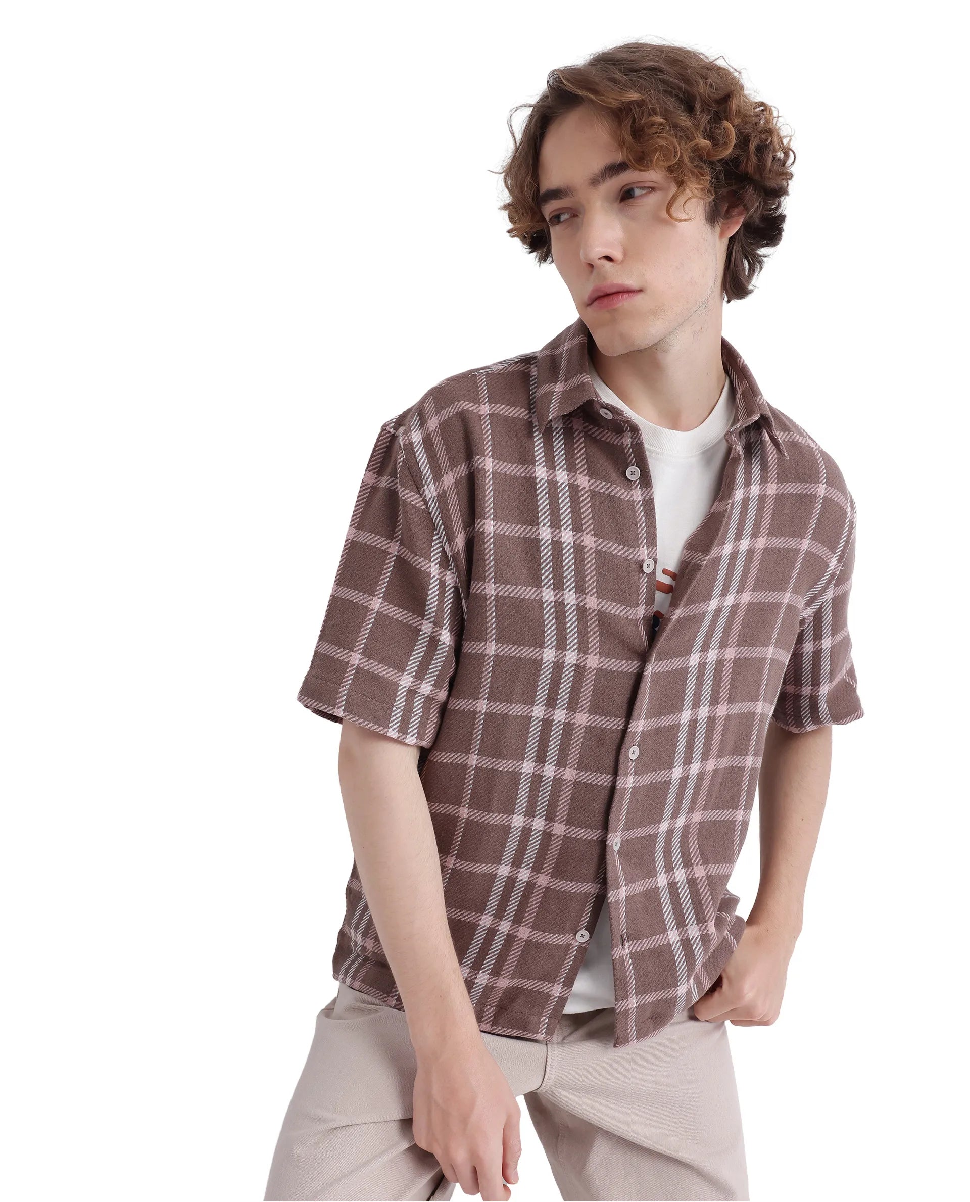 Men's Tab-Collar Shirts for a Crisp LookRare Rabbit Men's Vexlum Light Brown Cotton Fabric Short Sleeve Collared Neck Button Closure Printed Shirt