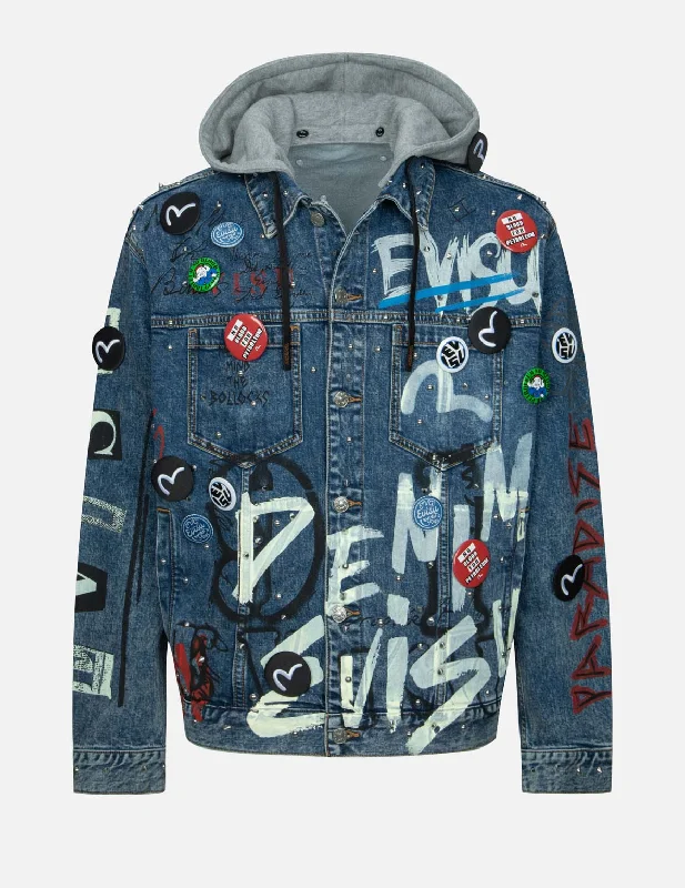 Men's Coats with Velcro ClosuresAllover Studs and Pins Loose Fit Denim Jacket
