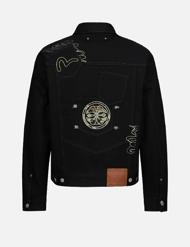Men's Coats with Removable LiningsBrocade Pattern Logo and Kamon Embroidered Denim Jacket Men's Coats with Removable LiningsBrocade Pattern Logo and Kamon Embroidered Denim Jacket