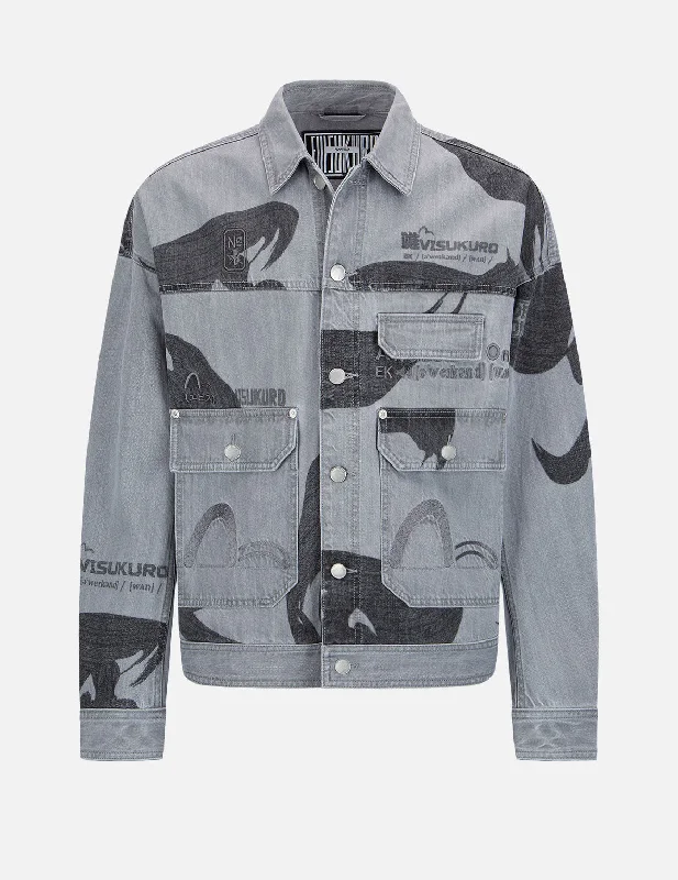 Men's Coats with Adjustable HemsBrushstroke Kanji and Multi-Logo Denim Jacket