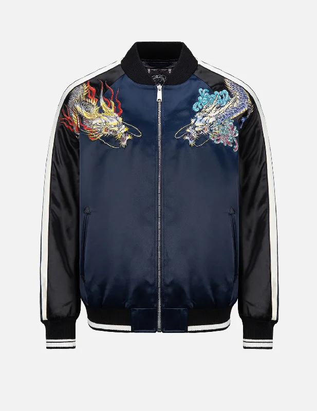 Men's Coats with Patchwork DesignsDragon Embroidery Satin Padded Souvenir Jacket