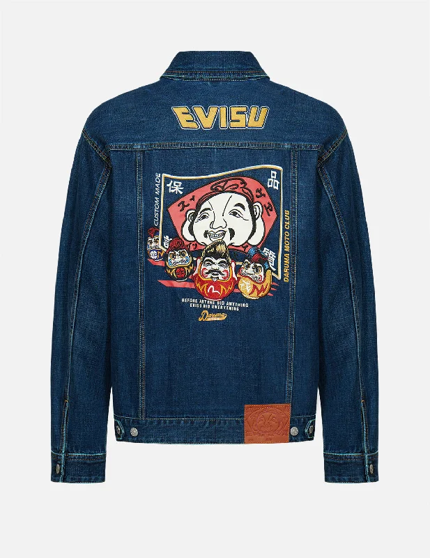 Stylish Men's Biker JacketsGodhead Flag and Daruma Embroidered Denim Jacket