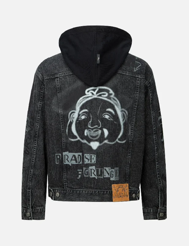 Men's Coats with Velcro ClosuresGraffiti Godhead Print Loose Fit Hooded Denim Jacket Men's Coats with Velcro ClosuresGraffiti Godhead Print Loose Fit Hooded Denim Jacket