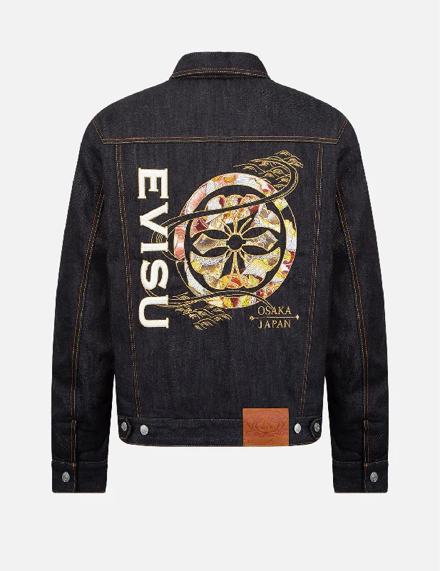 Men's Coats with Breathable FabricKoi-pattern Kamon and Logo Embroidery Denim Jacket Men's Coats with Breathable FabricKoi-pattern Kamon and Logo Embroidery Denim Jacket