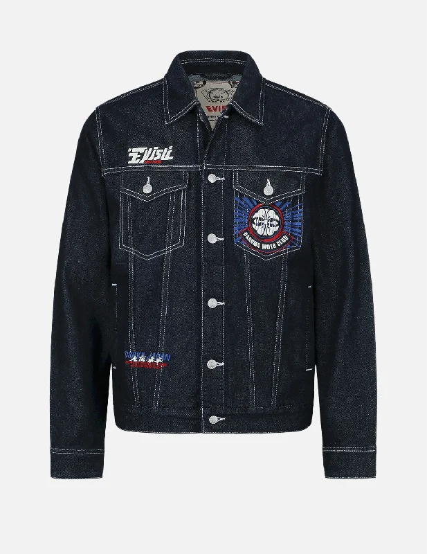 Men's Coats for Big and TallMotorcycle Daruma Embroidered Denim Jacket