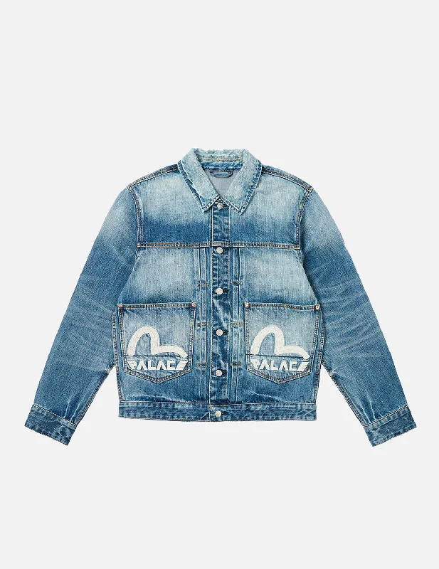 Casual Men's Bomber JacketsPALACE EVISU Logo Embroidery and Dice Daicock Print Regular Fit Denim Jacket Casual Men's Bomber JacketsPALACE EVISU Logo Embroidery and Dice Daicock Print Regular Fit Denim Jacket