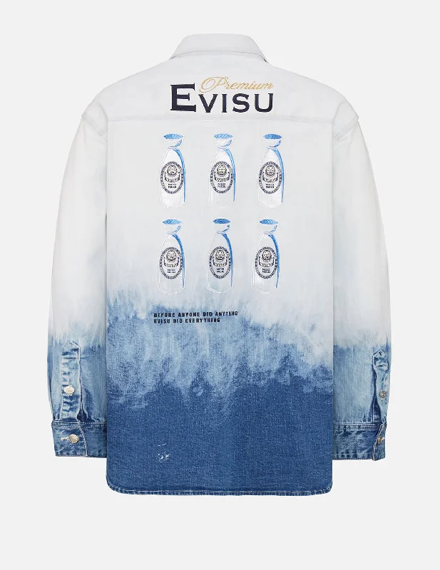 Men's Coats with Flannel LiningSake Bottle Embroidered Tie-dye Denim Shirt Jacket