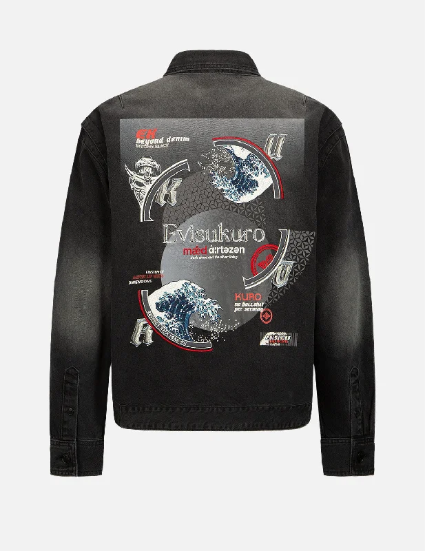 Cool Men's Pea CoatsThe Great Wave and Kamon Embroidery Denim Shirt Jacket