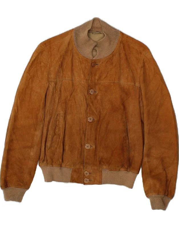 Men's Coats with Velcro ClosuresVINTAGE Mens Suede Bomber Jacket UK 38 Medium Brown Leather